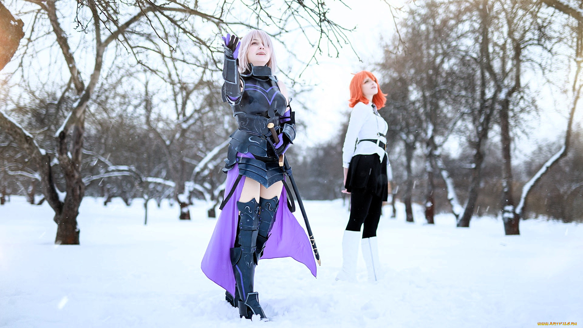 девушки, mari, aisu, образы, косплей, наряды, костюмы, снег, зима, деревья