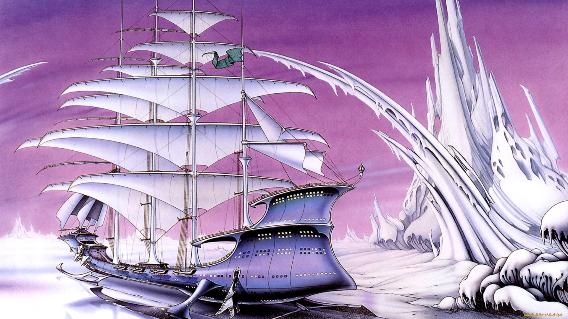 фэнтези, корабли, корабль, паруса, полозья, лед, снег, скалы