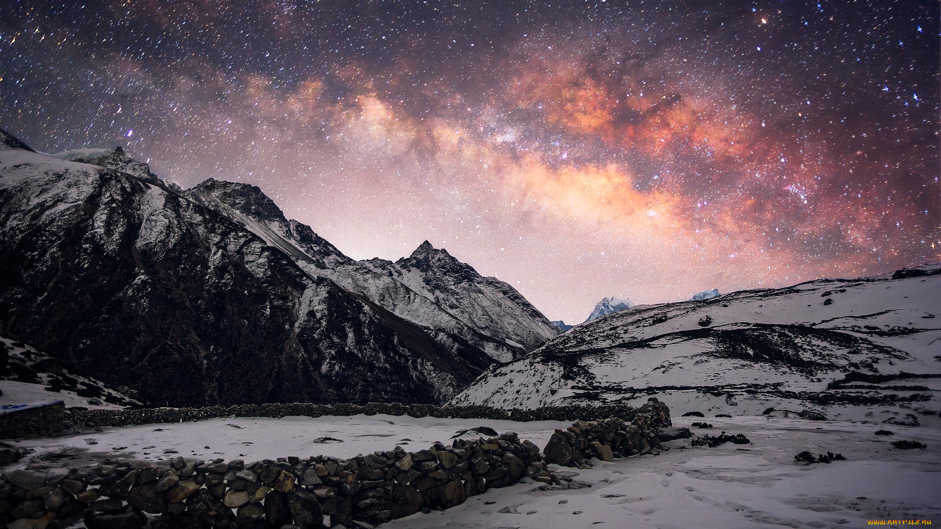 природа, горы, снег, зима, звезды, млечный, путь
