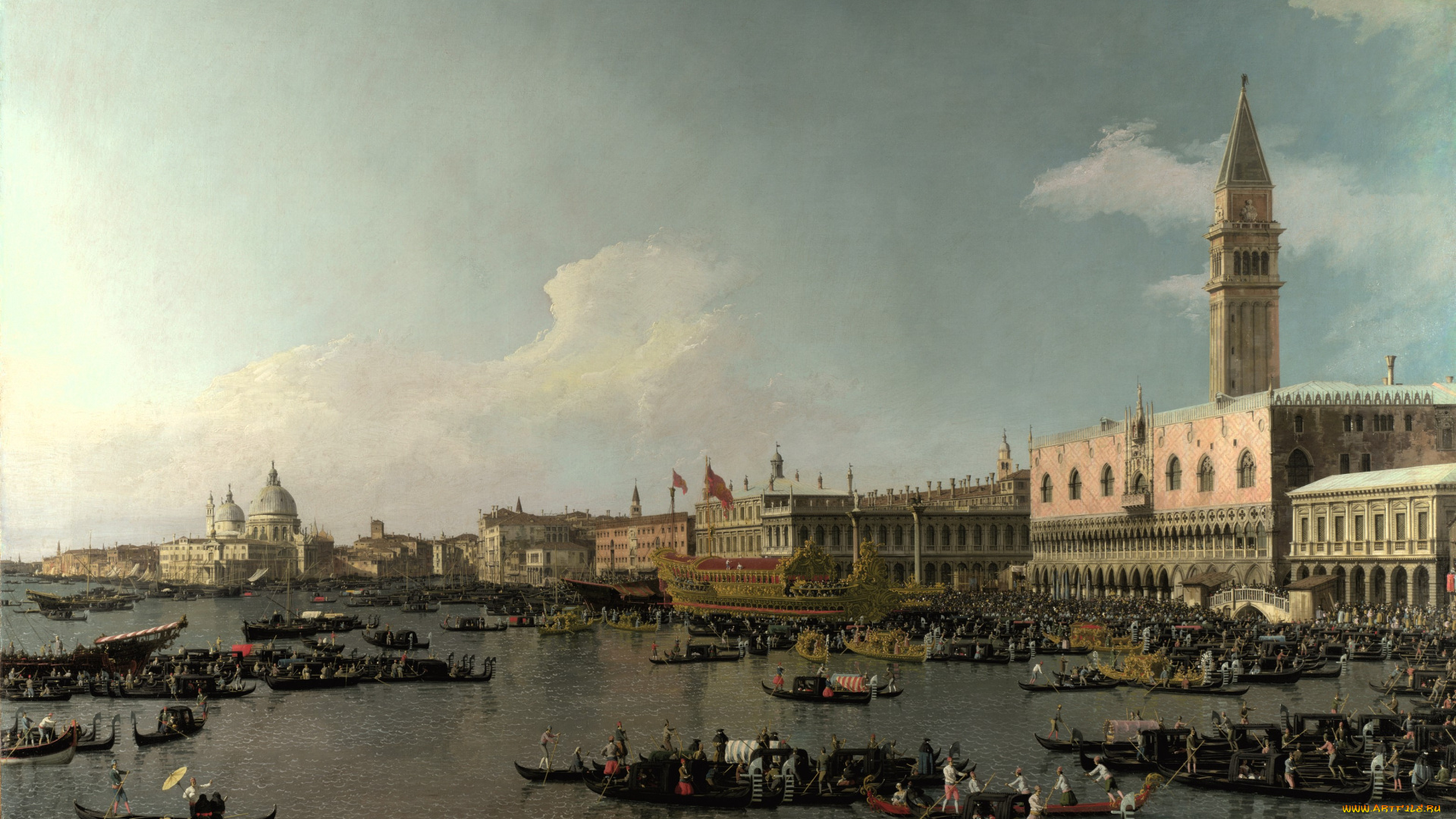 рисованное, canaletto, город, здания, люди, море, лодки