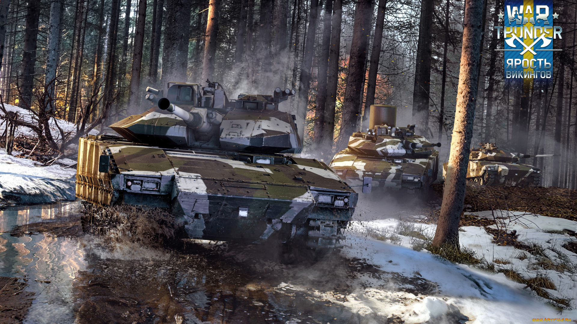 видео, игры, war, thunder, танки, лес, деревья, снег, лужи