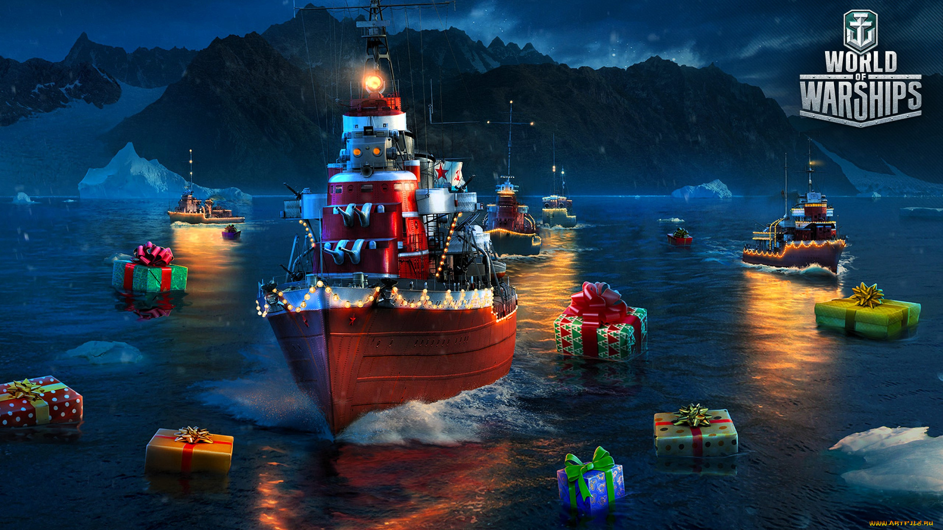 видео, игры, world, of, warships, корабли, новый, год, море, подарки, горы