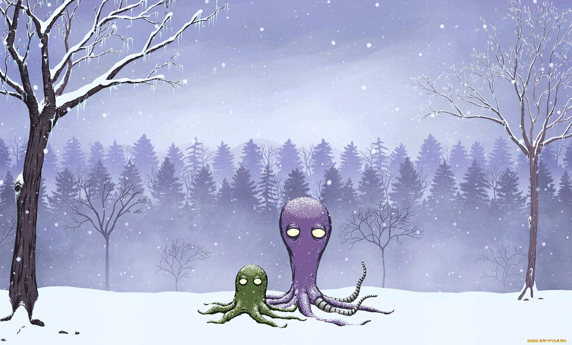 рисованное, животные, , морская, фауна, деревья, лес, снег, зима, осьминоги