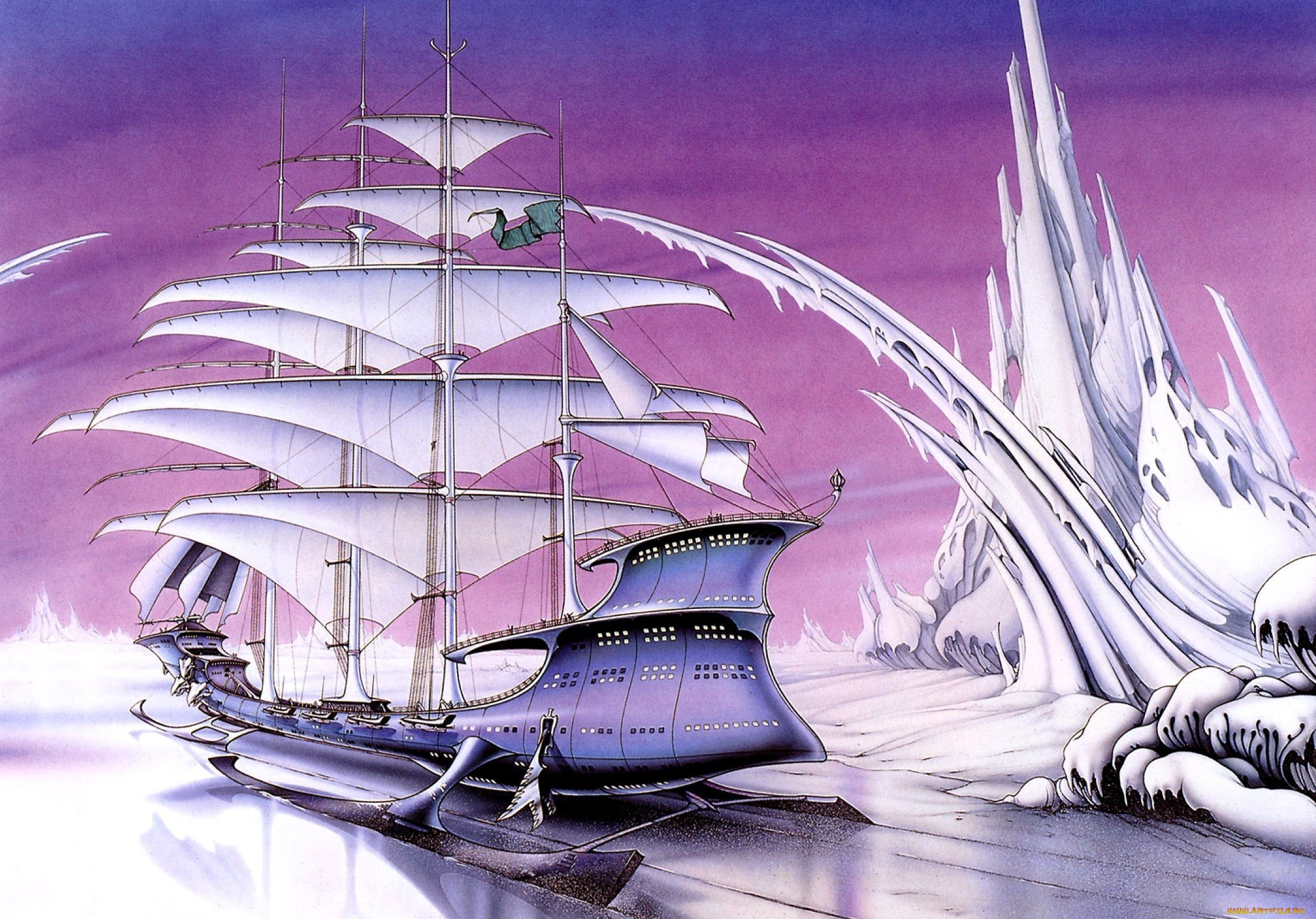 фэнтези, корабли, корабль, паруса, полозья, лед, снег, скалы