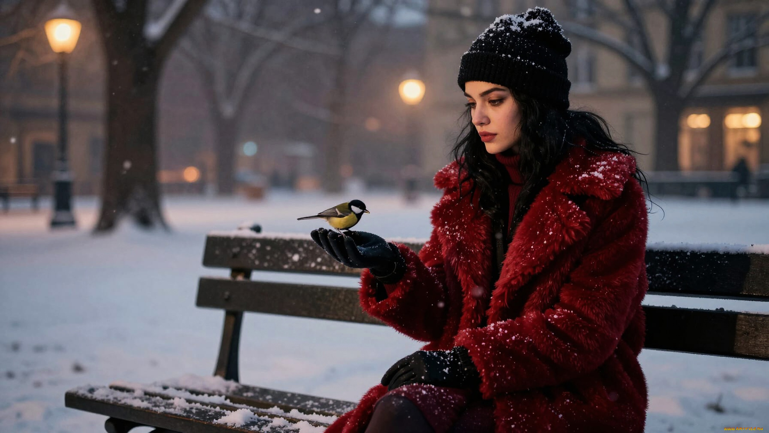 нейросеть, 3д, графика, люди, , people, зима, девушка, снег, скамейка, птица