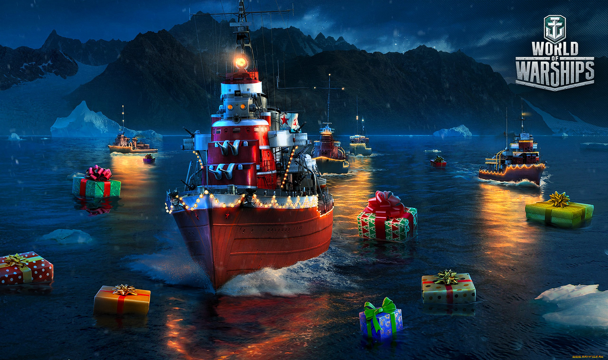 видео, игры, world, of, warships, корабли, новый, год, море, подарки, горы