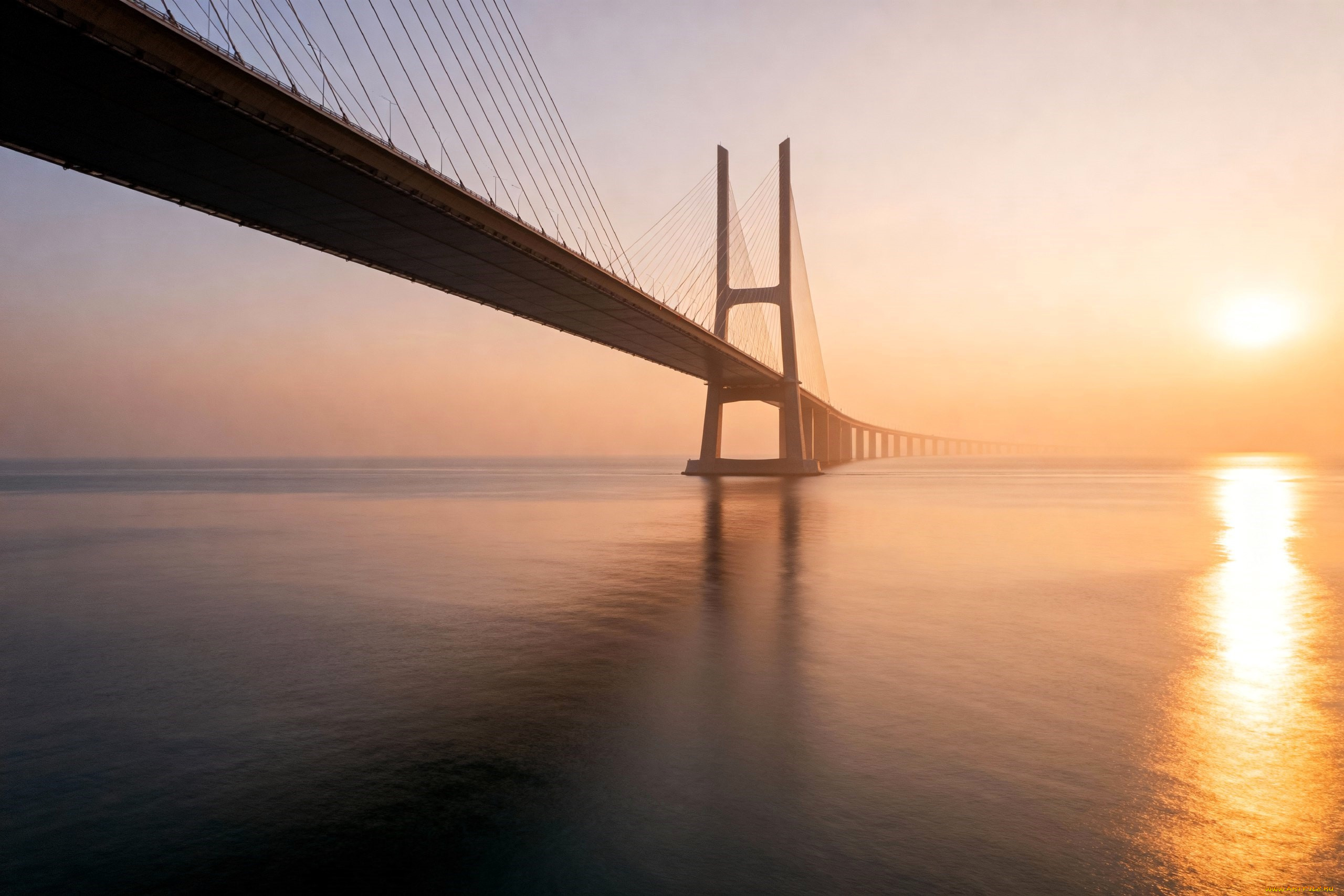 3д, графика, архитектура, , architecture, мост, море, горизонт, рассвет