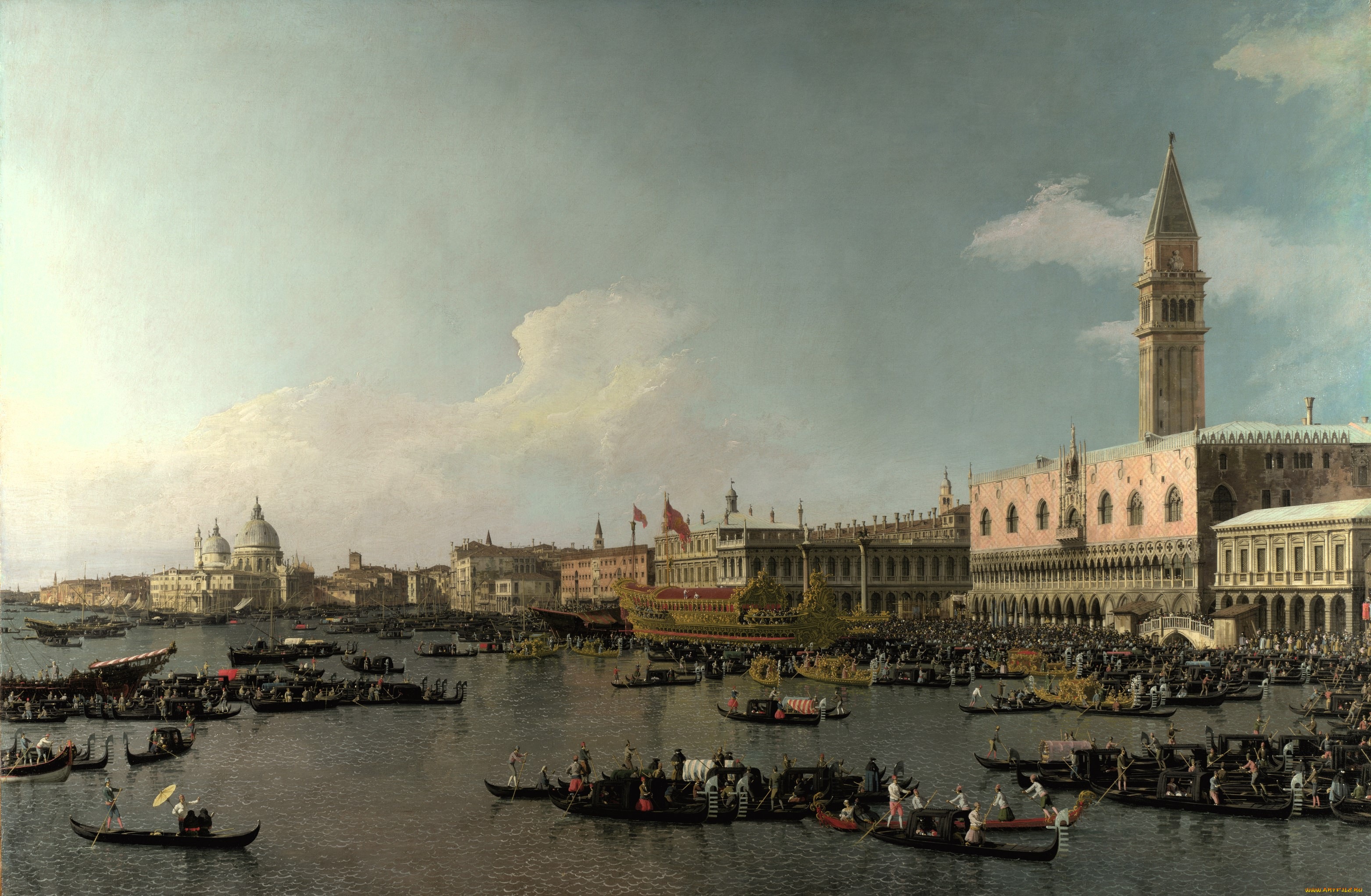 рисованное, canaletto, город, здания, люди, море, лодки