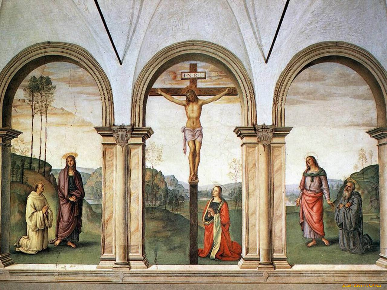 пьетро, перуджино, распятие, рисованные, живопись