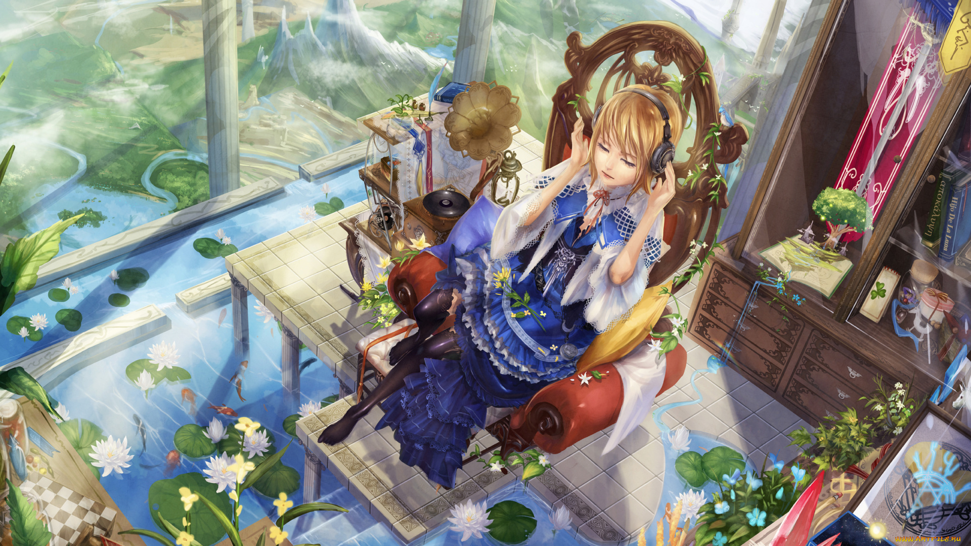 аниме, headphones, instrumental, девушка, кресло, наушники