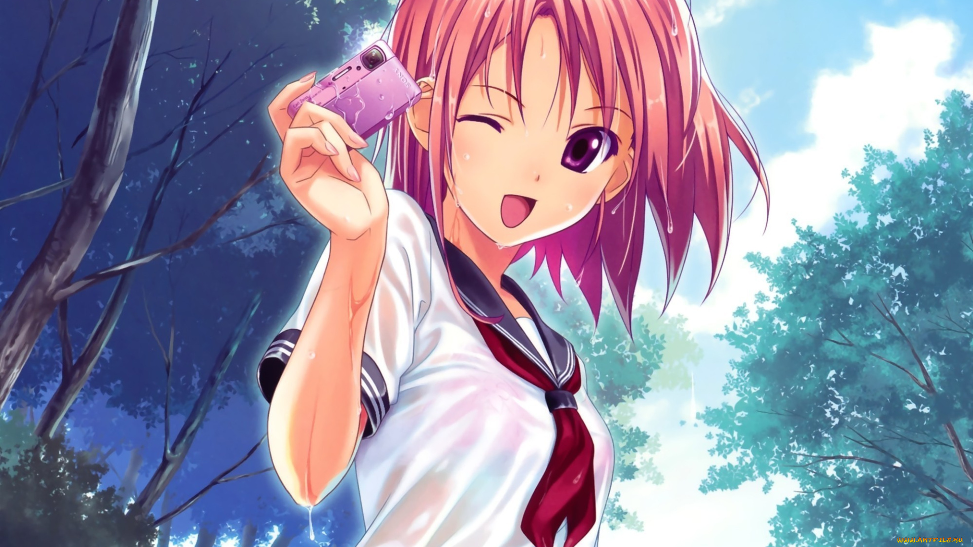 аниме, *unknown, другое, девушка, камера, лес, улыбка