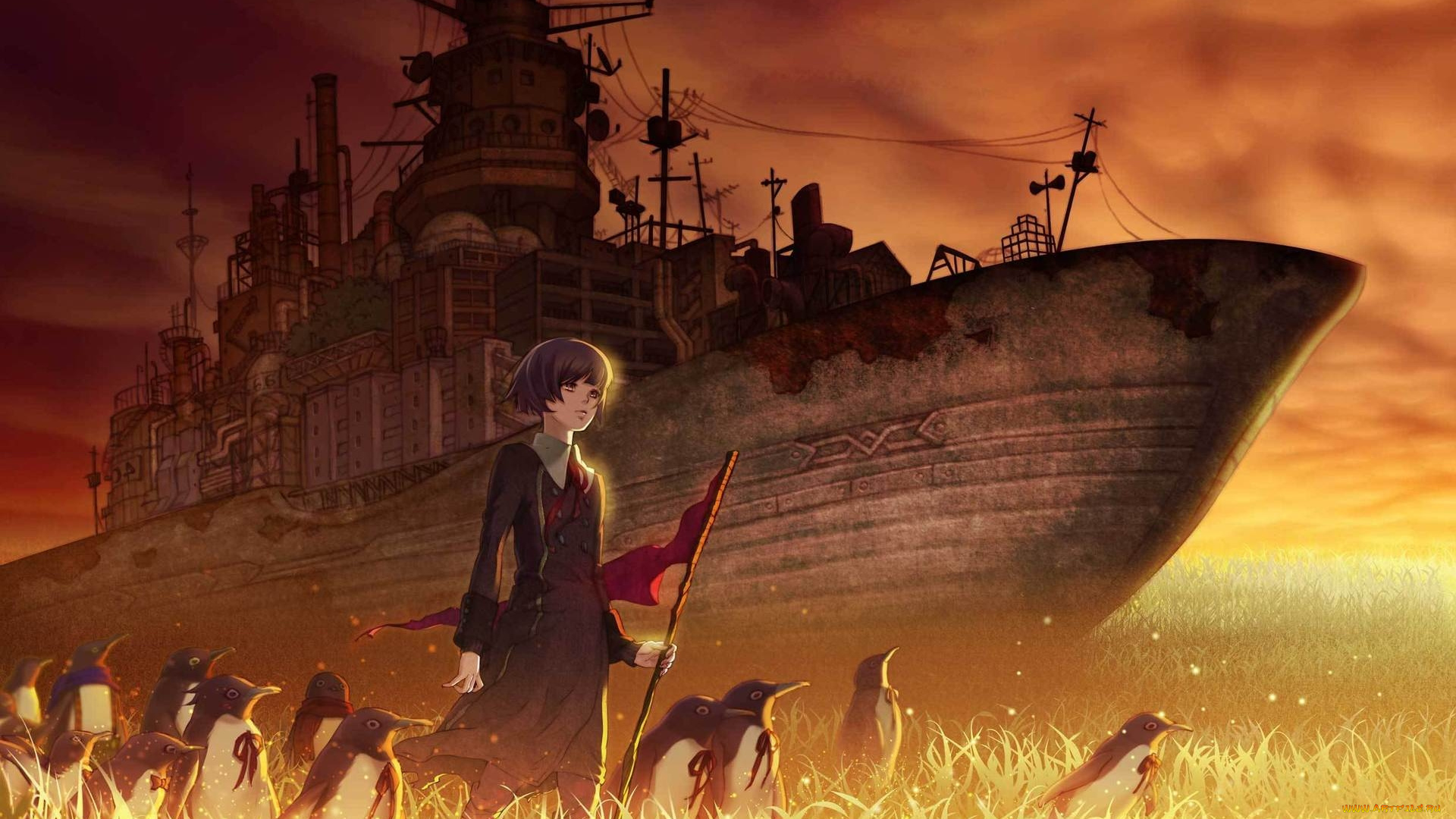 аниме, *unknown, другое, поле, пингвины, корабль, девочка