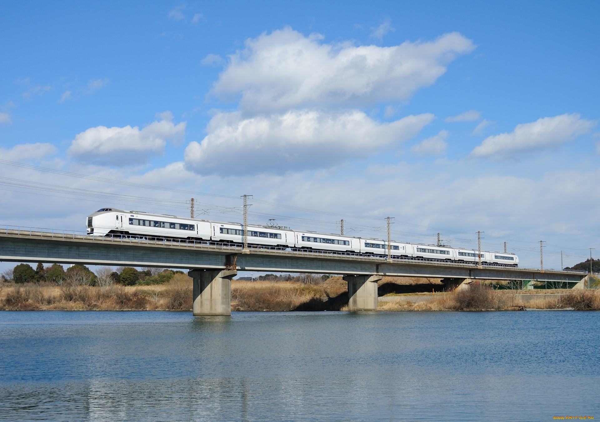 техника, поезда, мост, река