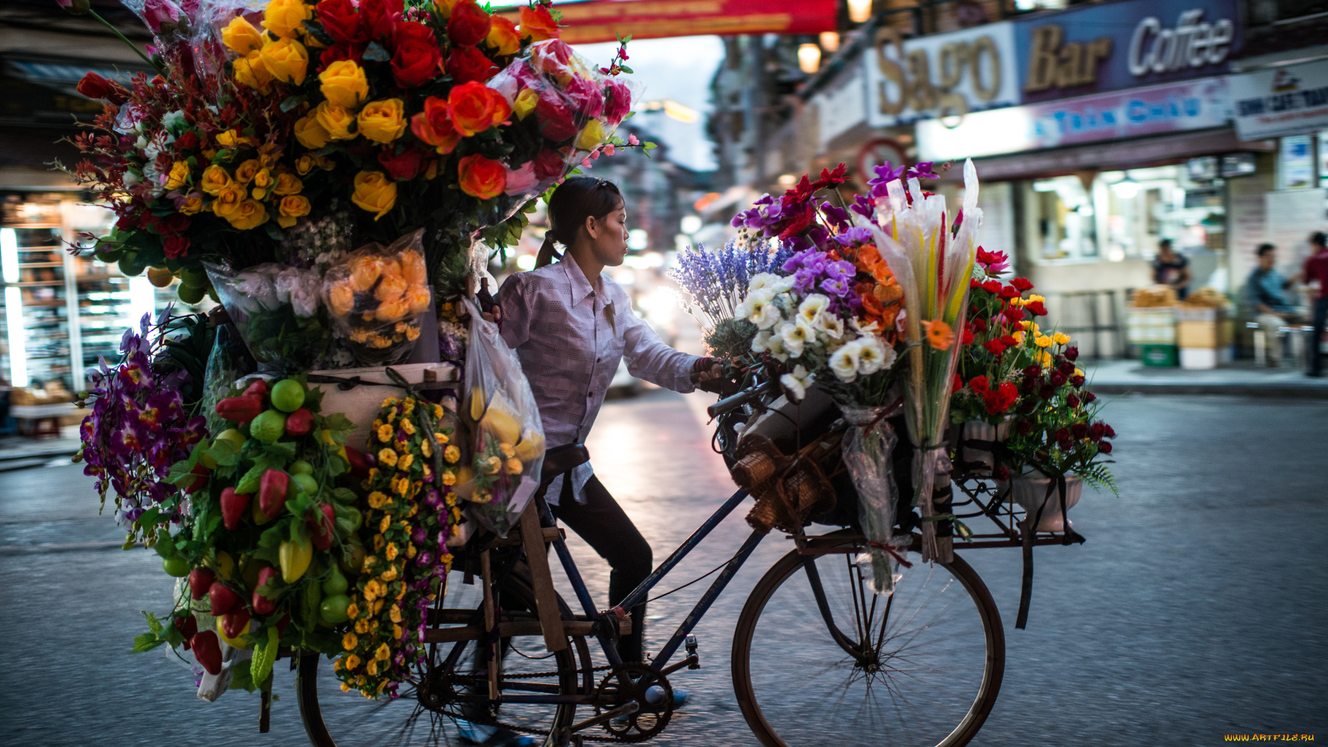 -Unsort, Азиатки, девушки, unsort, азиатки, букет, улица, цветы, велосипед