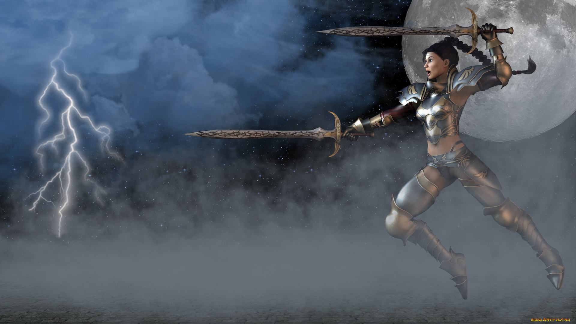 3д, графика, fantasy, фантазия, планета, мечи, молния