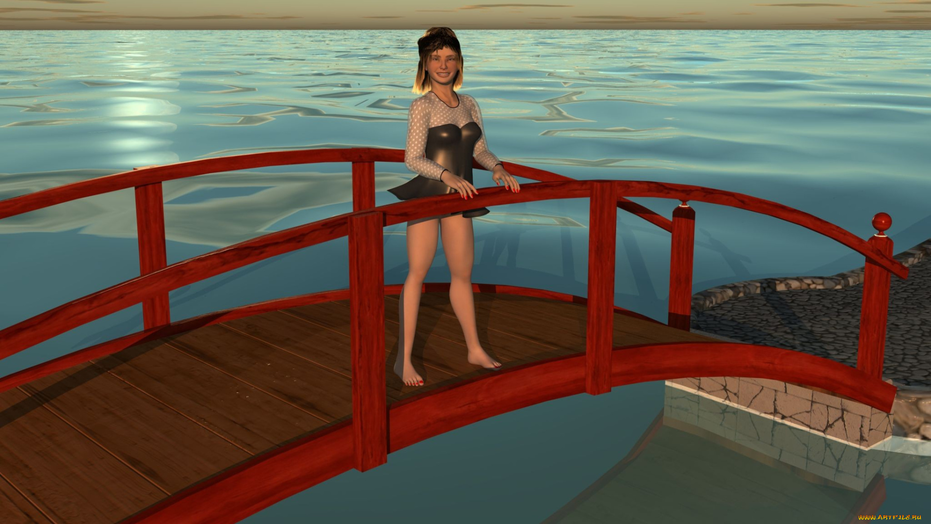 3д, графика, people, люди, море, небо, мост, девушка