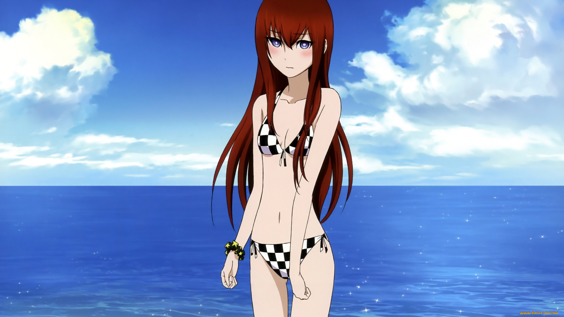 аниме, steins, gate, море, облака