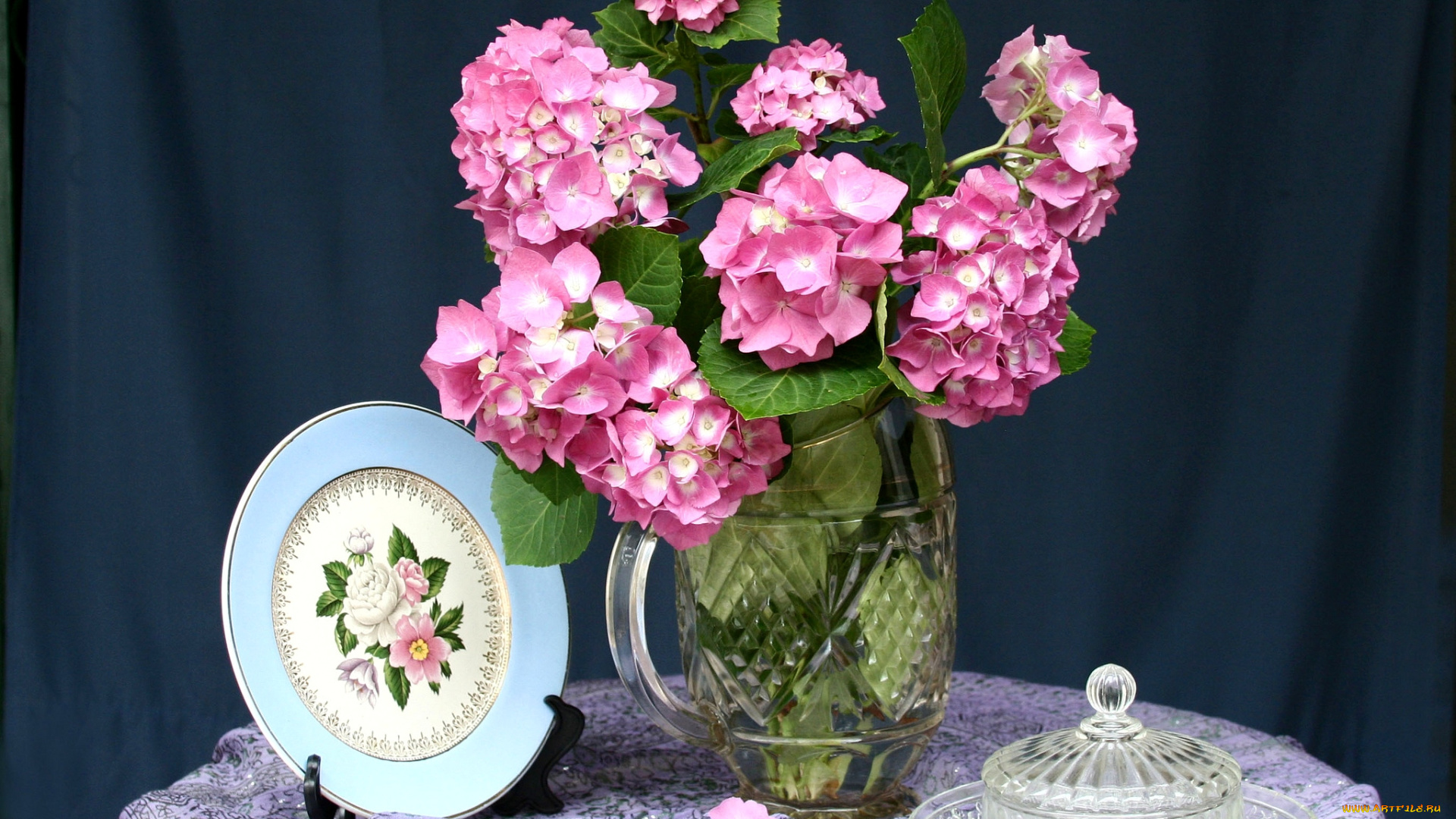 цветы, гортензия, тарелка, ваза, букет