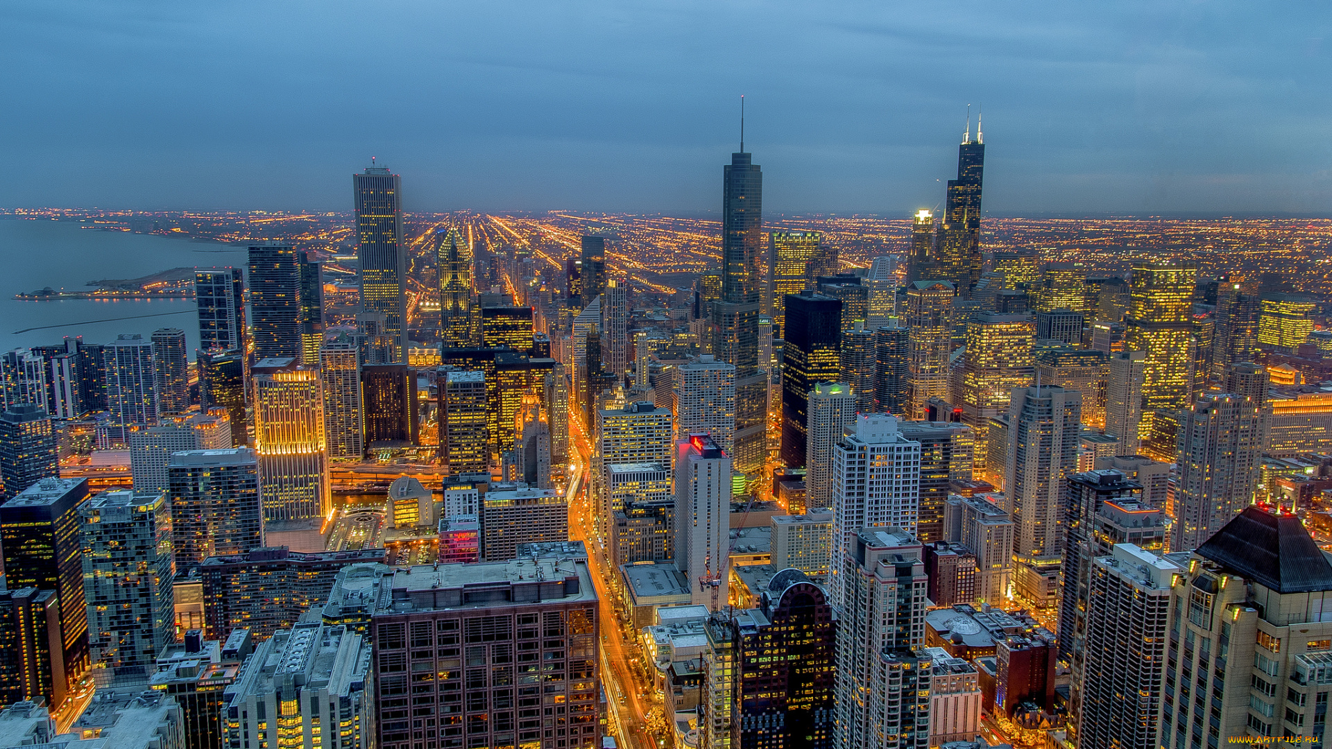 города, Чикаго, сша, ночь, огни, небоскреьы, панорама