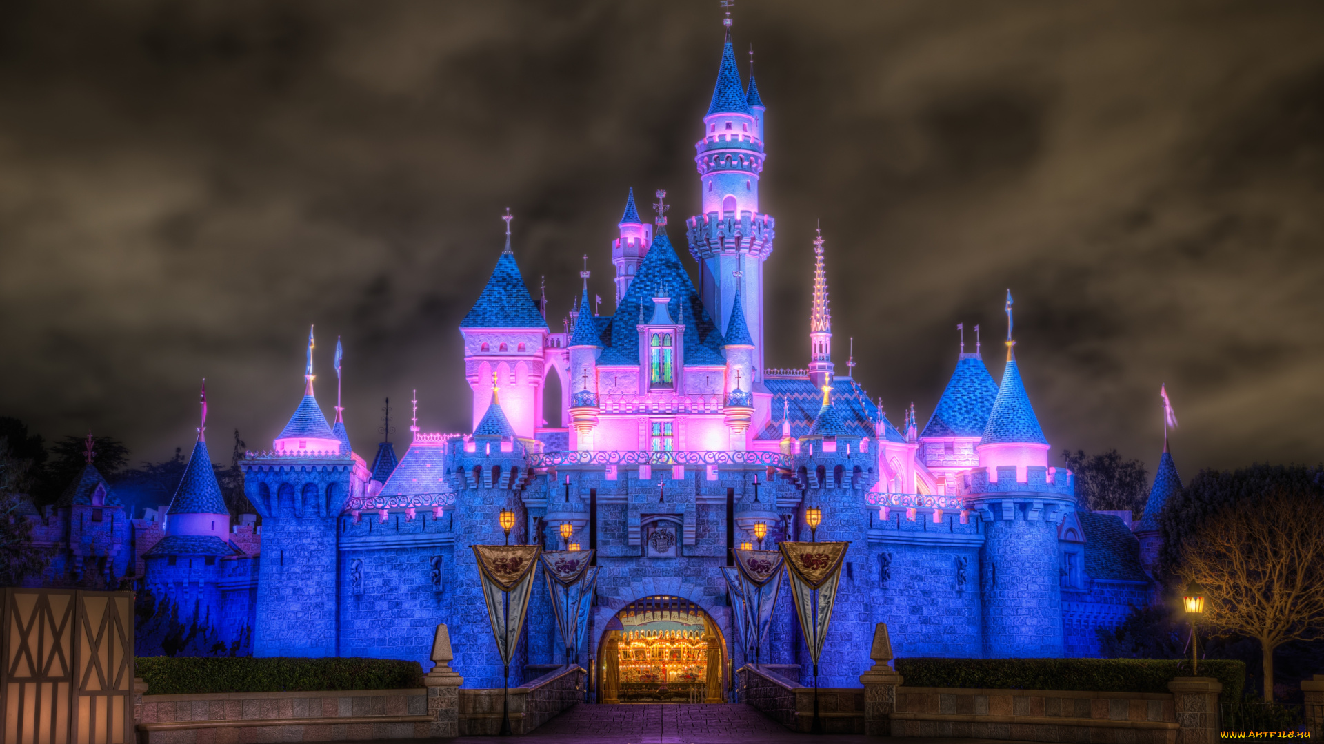 города, диснейленд, замок, спящей, красавицы, иллюминация