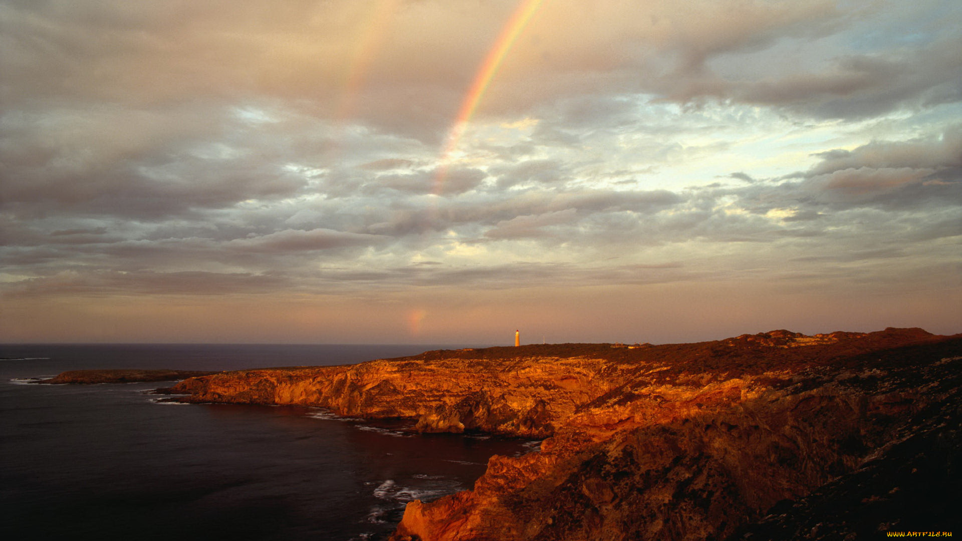 природа, радуга, берег, небо, тучи