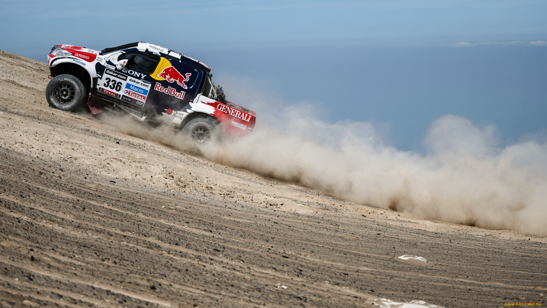 спорт, авторалли, машина, внедорожник, dakar, rally, море, подъем, пыль, toyota