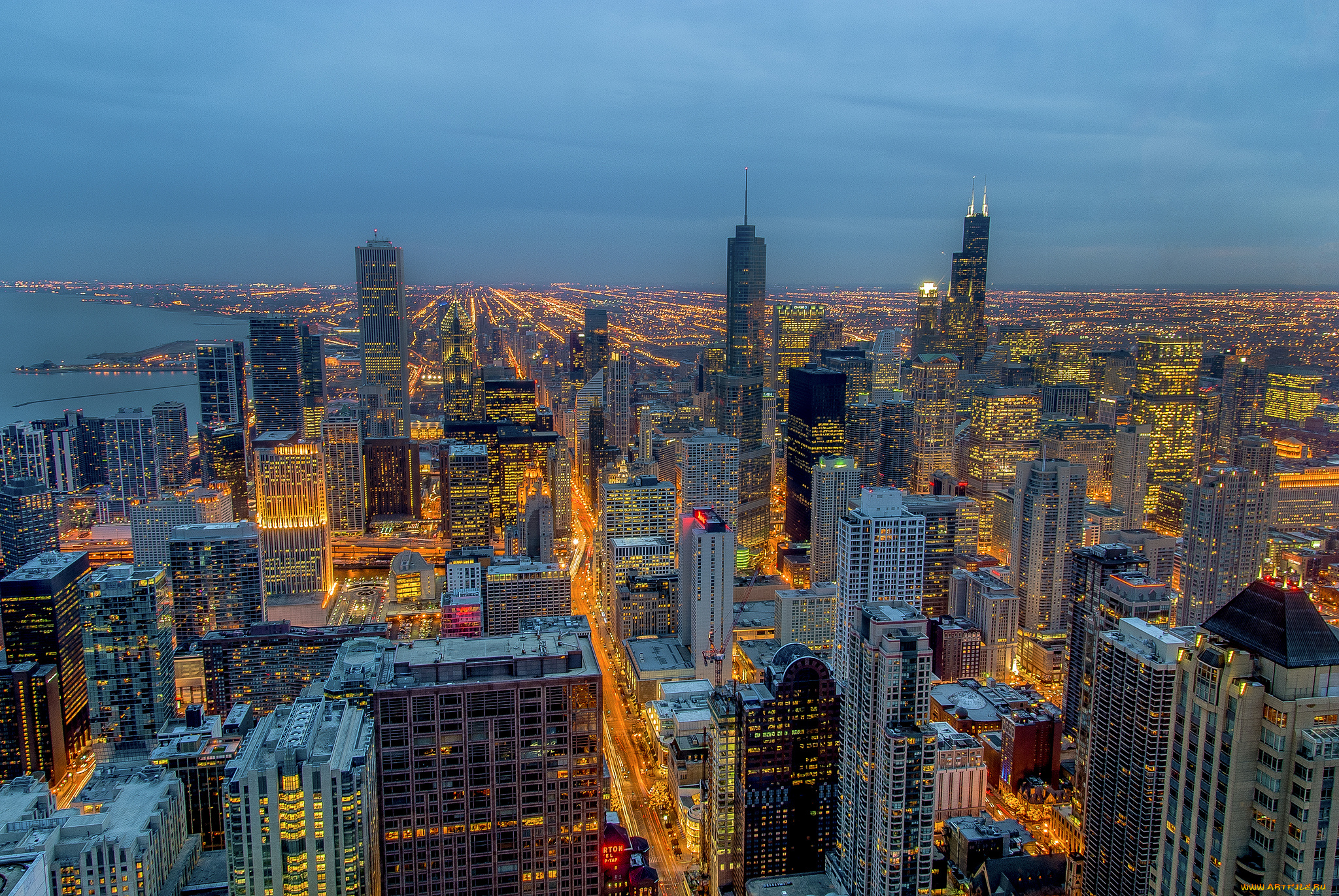 города, Чикаго, сша, ночь, огни, небоскреьы, панорама