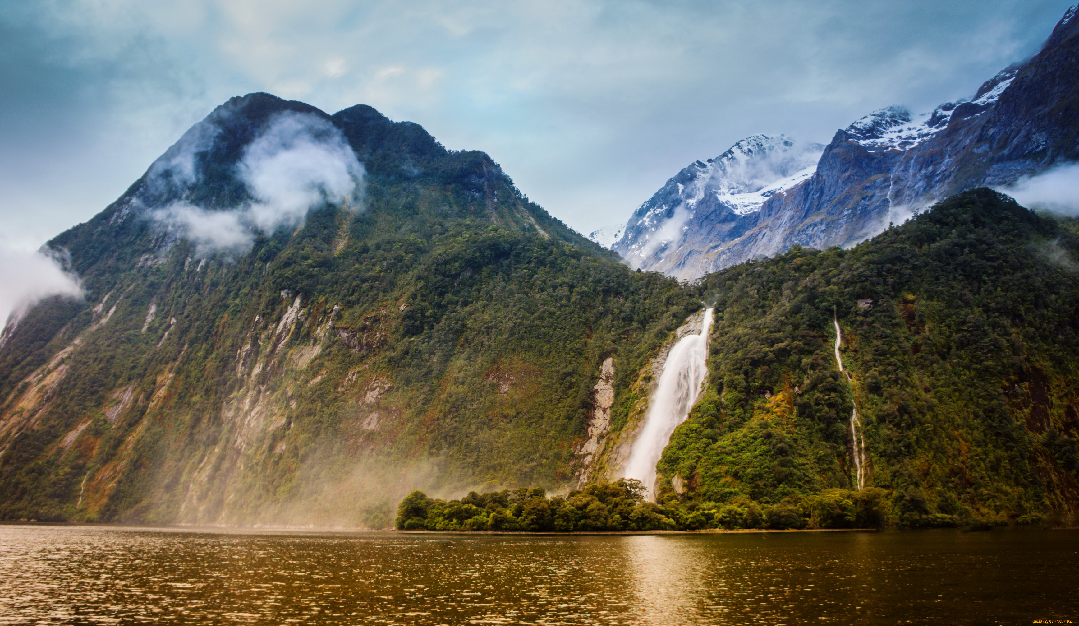 southland, новая, зеландия, природа, пейзажи, горы, река, водопад, lady, bowen, falls, river, milford, sound, new, zealand, милфорд-саунд, боуэн, леди, фьорд