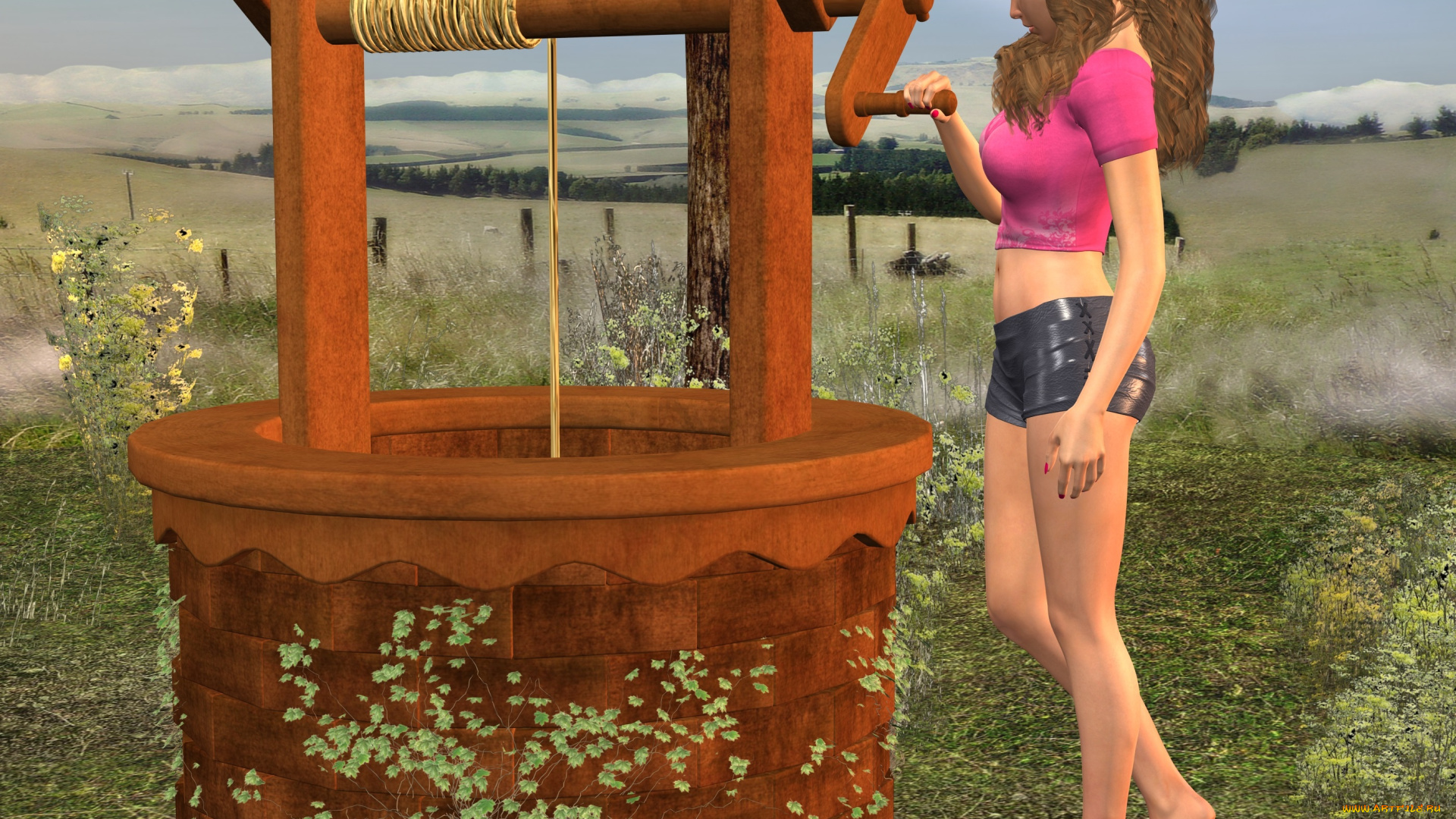 3д, графика, people, , люди, девушка, колодец