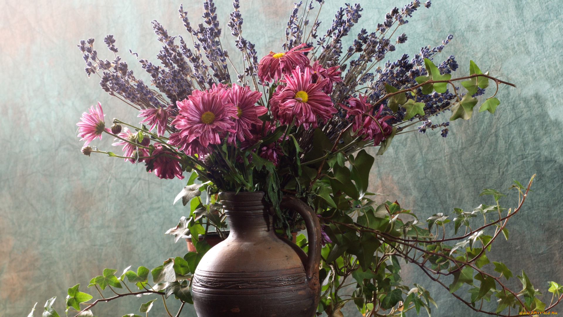 цветы, разные, вместе, хризантемы, лаванда