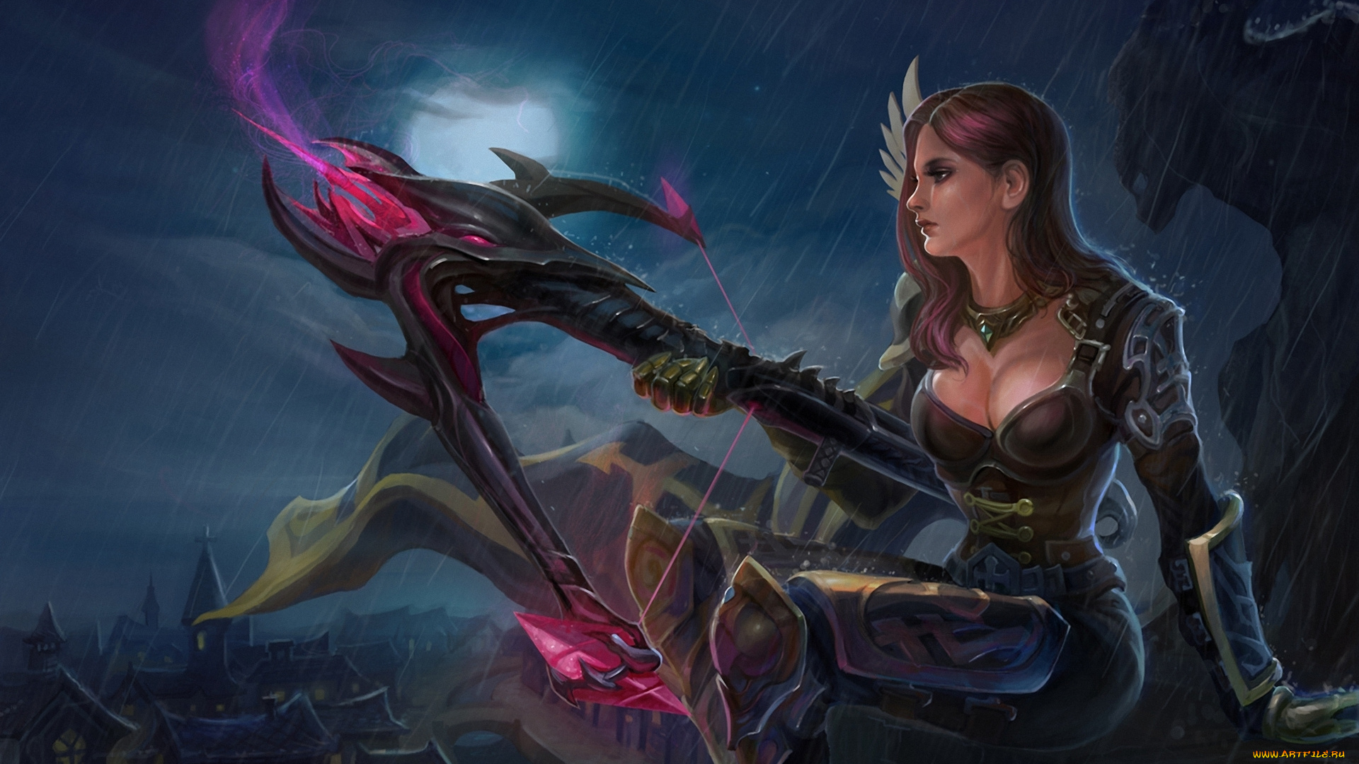 фэнтези, девушки, дождь, город, ночь, арбалет, девушка, доспехи, луна