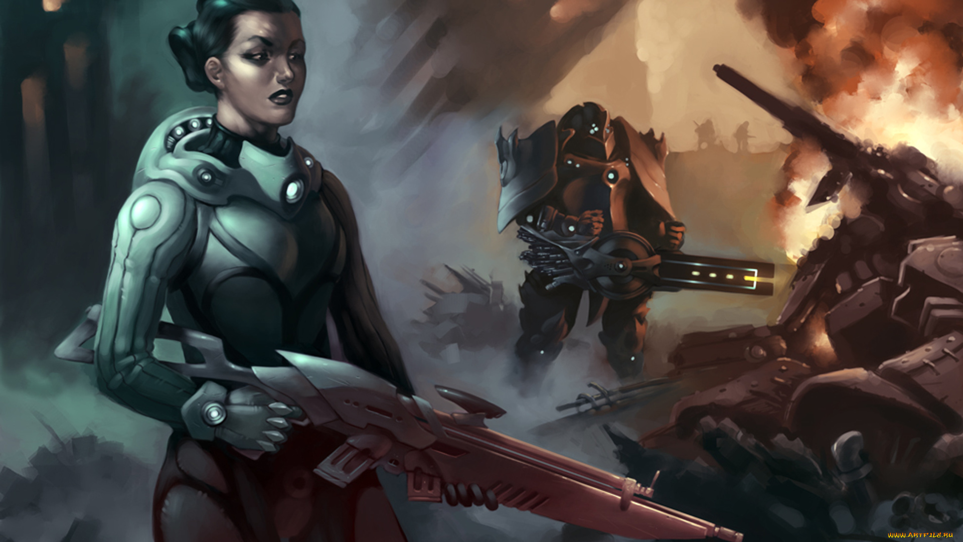 фэнтези, красавицы, и, чудовища, автомат, зачистка, огонь, робот, скафандр, солдат, девушка