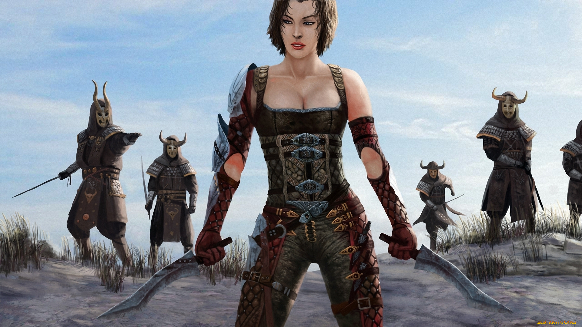 фэнтези, красавицы, и, чудовища, девушка, воин, мужчины, воины, маски, рога, мечи