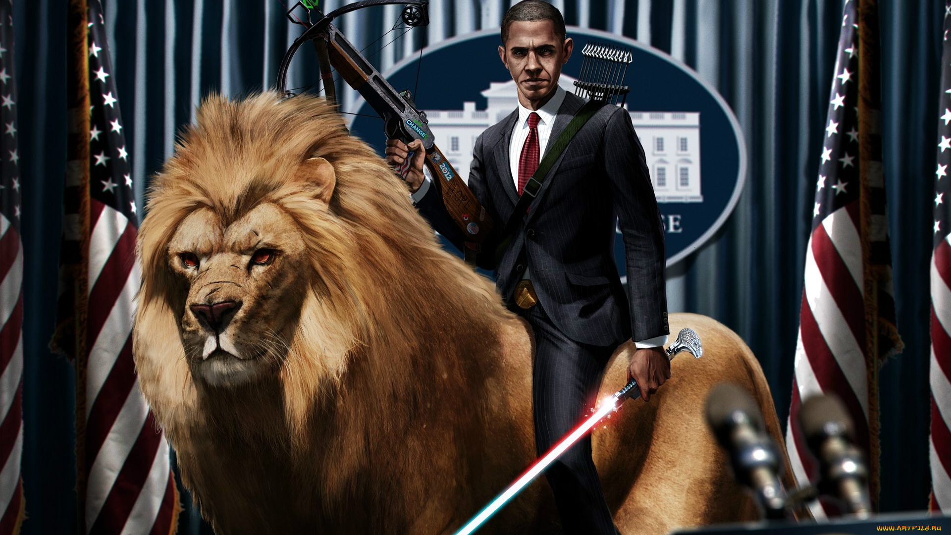 фэнтези, люди, барак, обама, президент, арбалет, лев, наездник, световой, меч