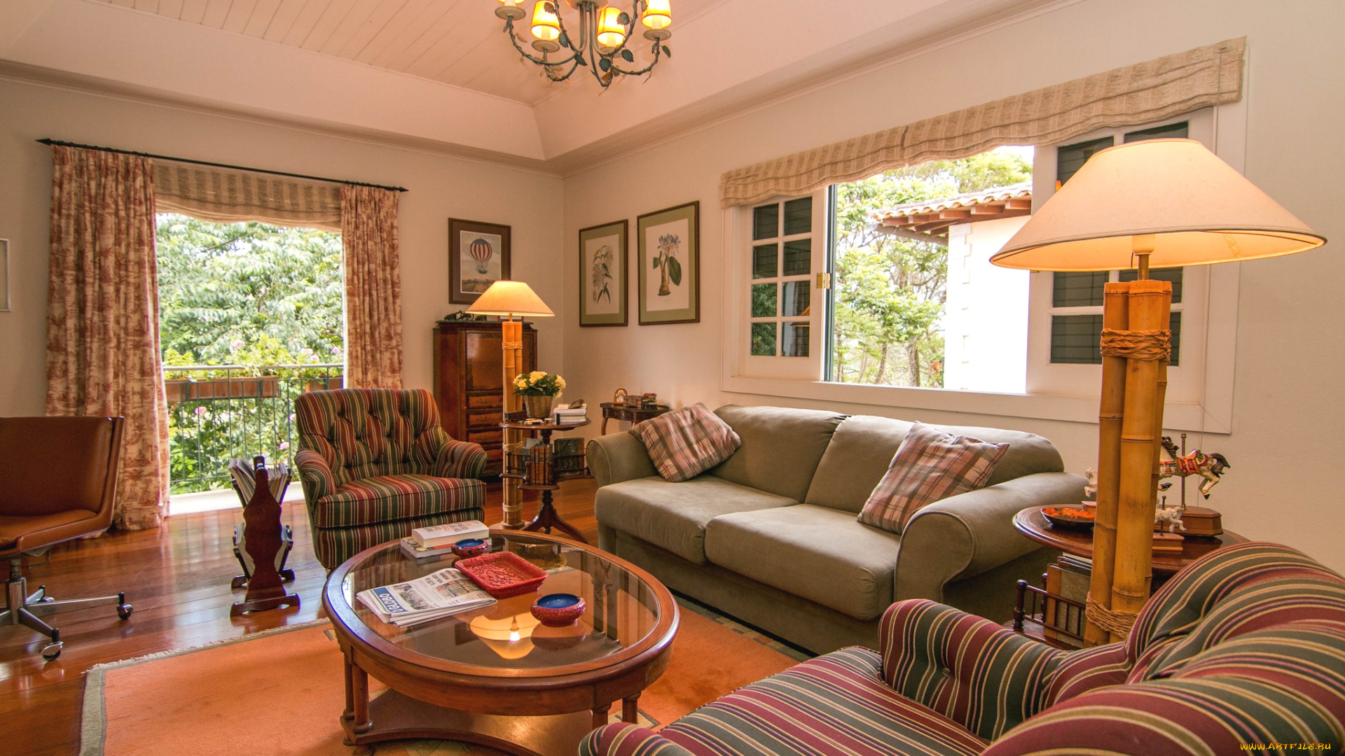 интерьер, гостиная, лампы, диваны