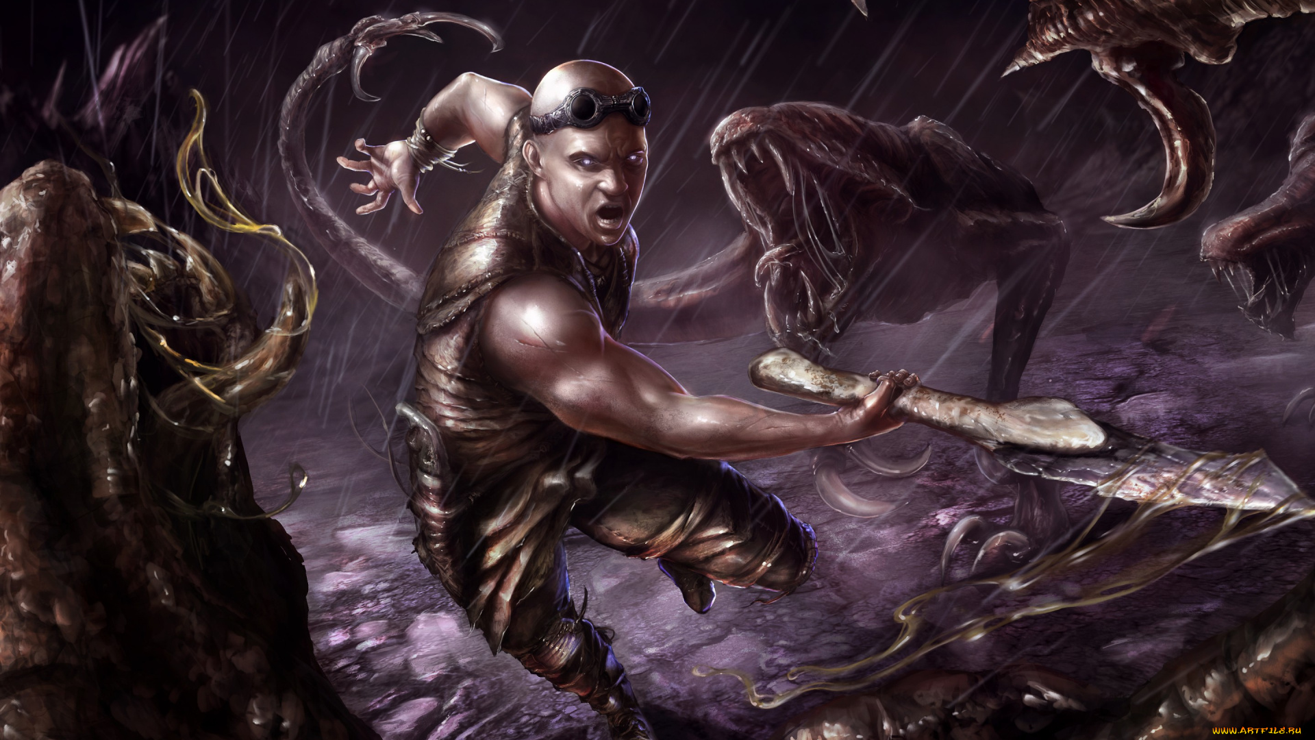 riddick, 2013, рисованные, кино, дождь, монстры, чудовища, бой, очки