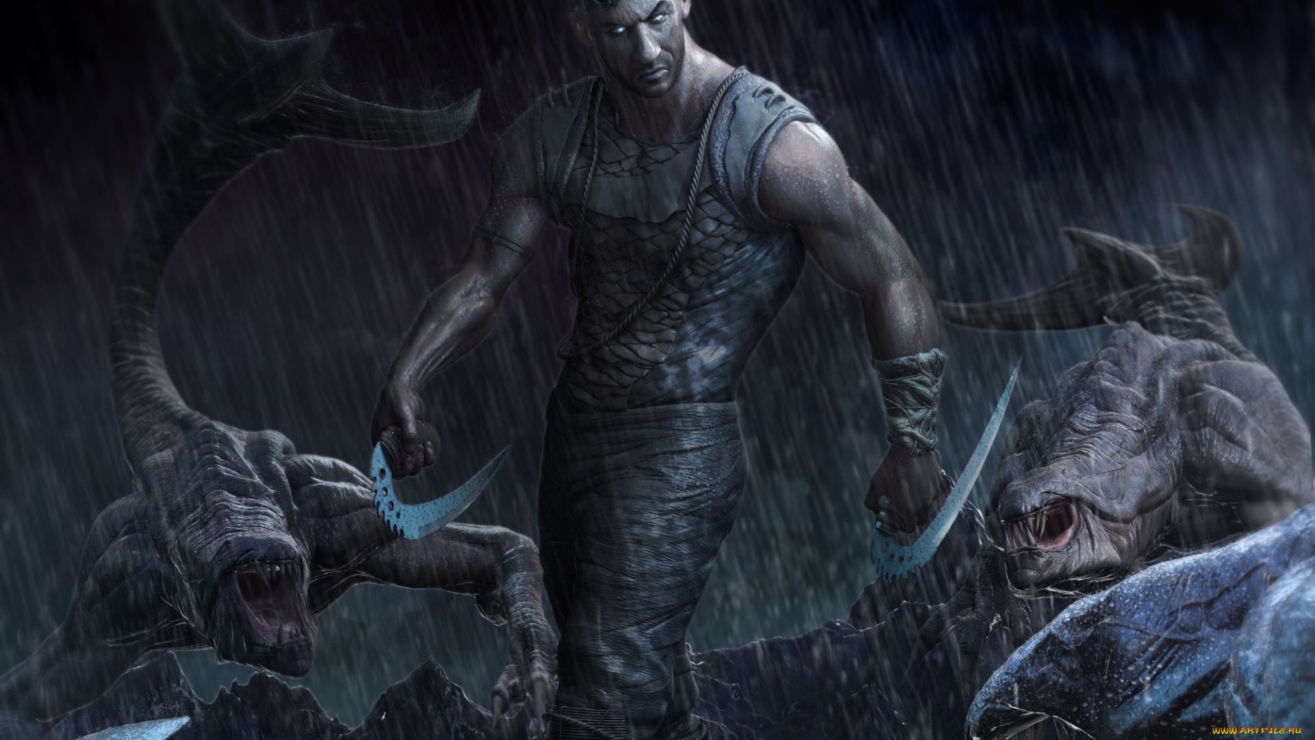 riddick, 2013, рисованные, кино, оружие, монстры, дождь, очки