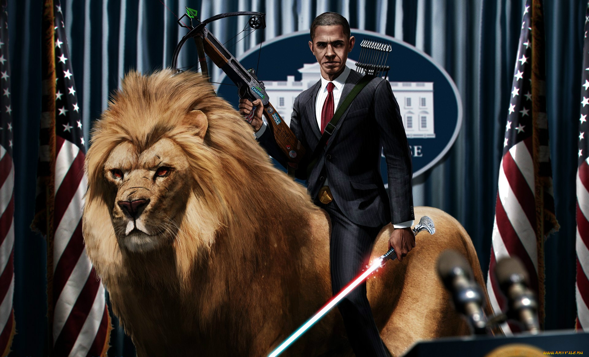 фэнтези, люди, барак, обама, президент, арбалет, лев, наездник, световой, меч