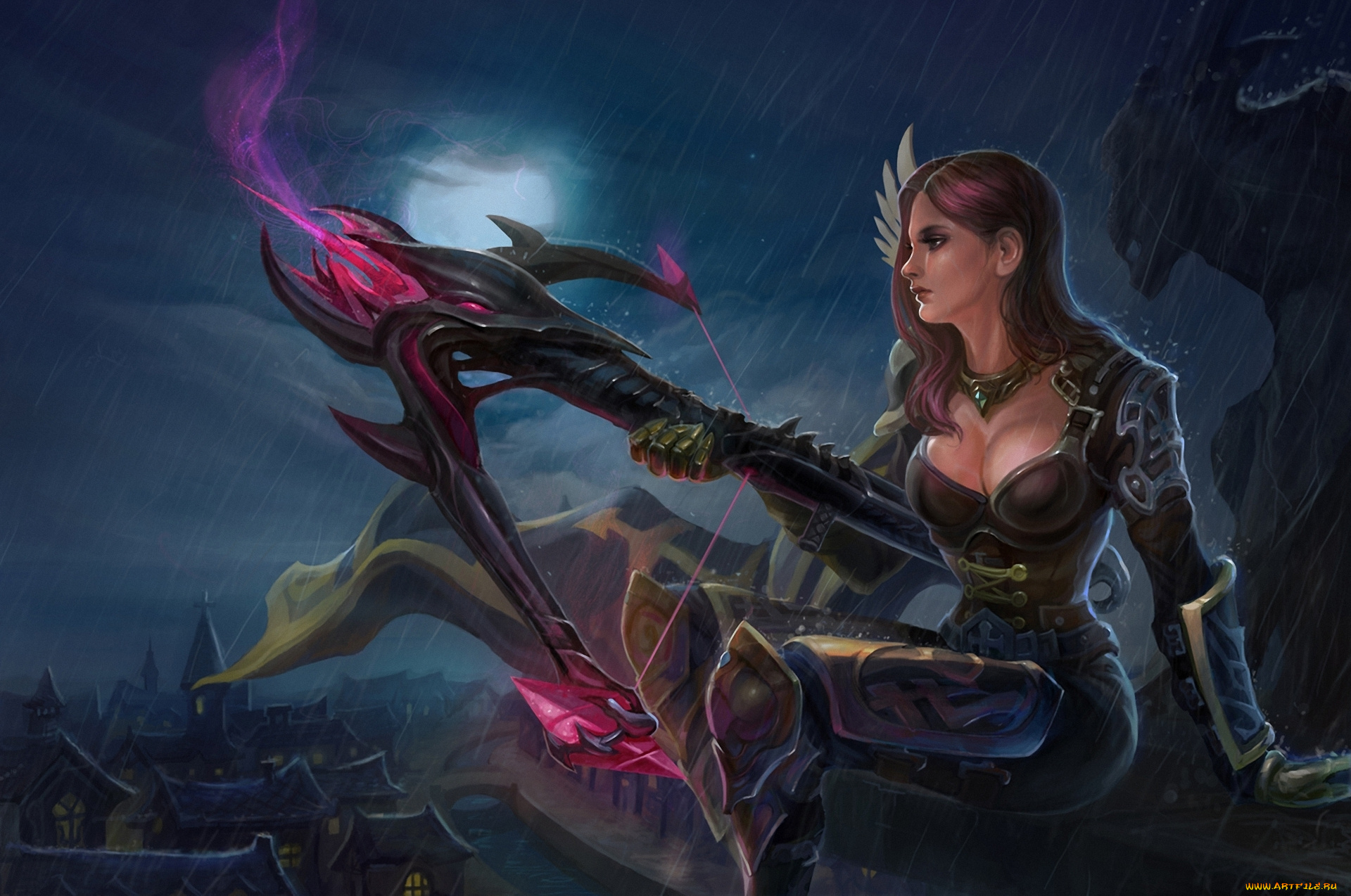 фэнтези, девушки, дождь, город, ночь, арбалет, девушка, доспехи, луна