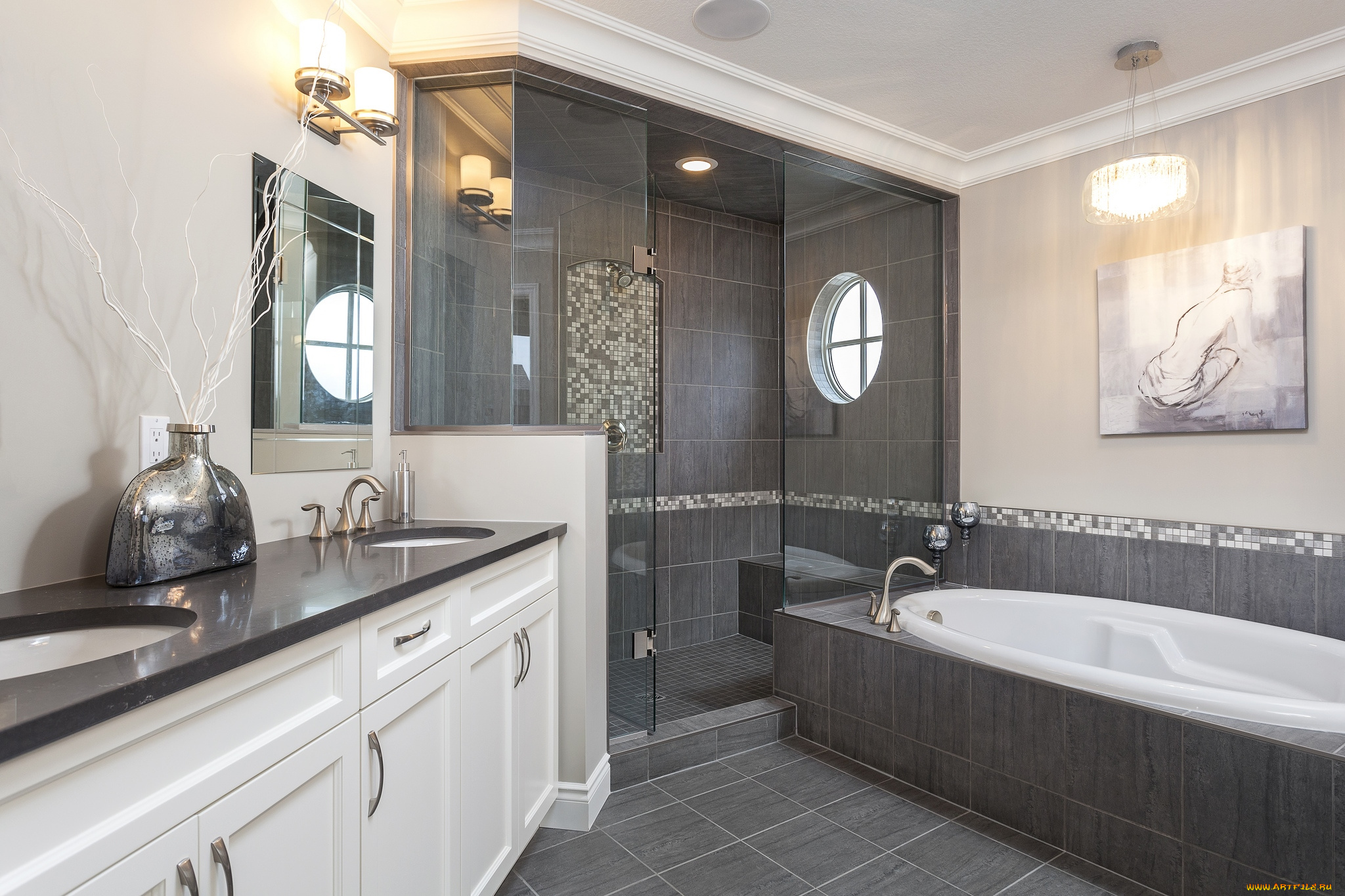 интерьер, ванная, и, туалетная, комнаты, ванна, душ