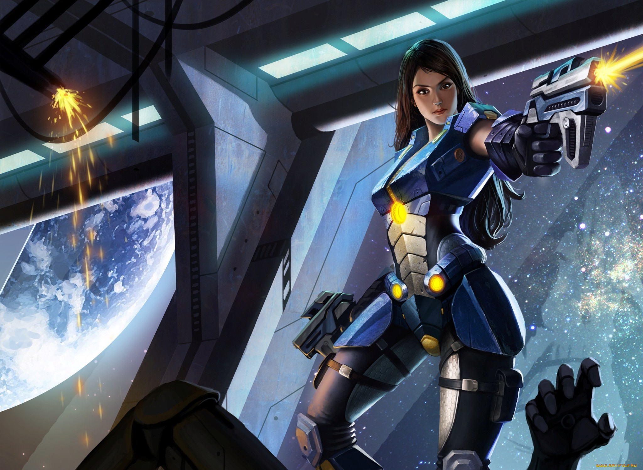 фэнтези, девушки, отсек, автомат, скафандр, девушка, солдат