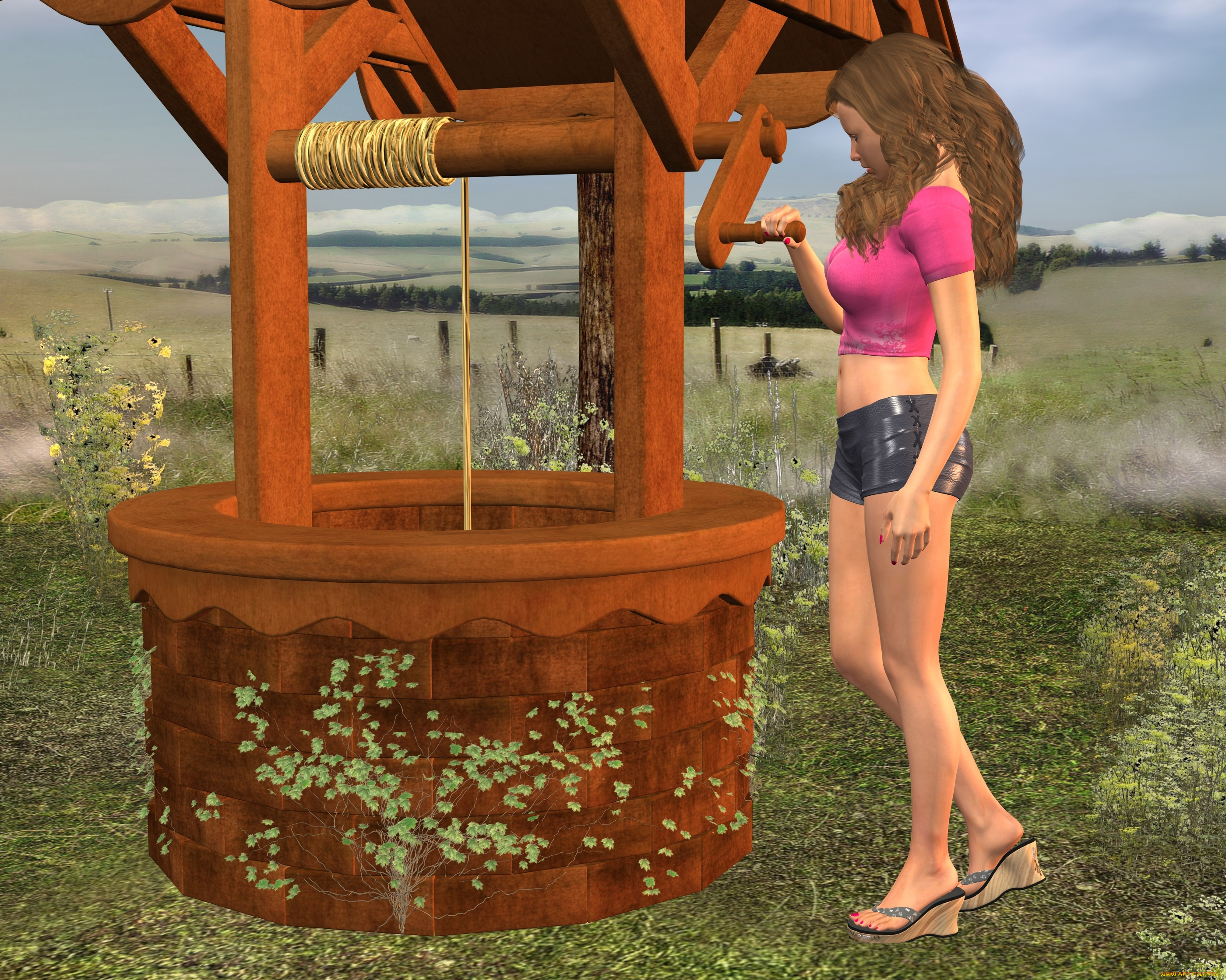 3д, графика, people, , люди, девушка, колодец