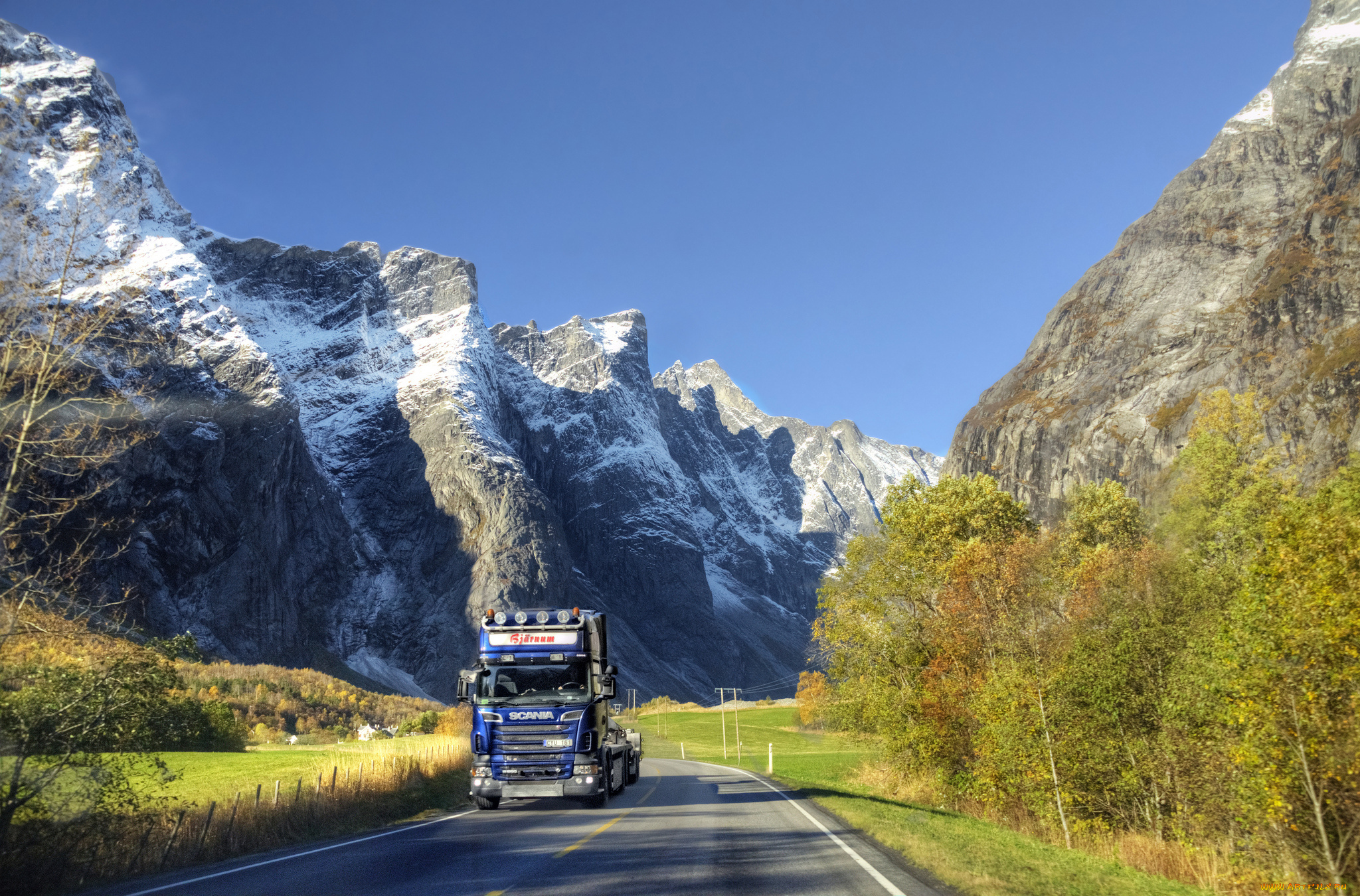 автомобили, scania, пейзаж, горы, дорога