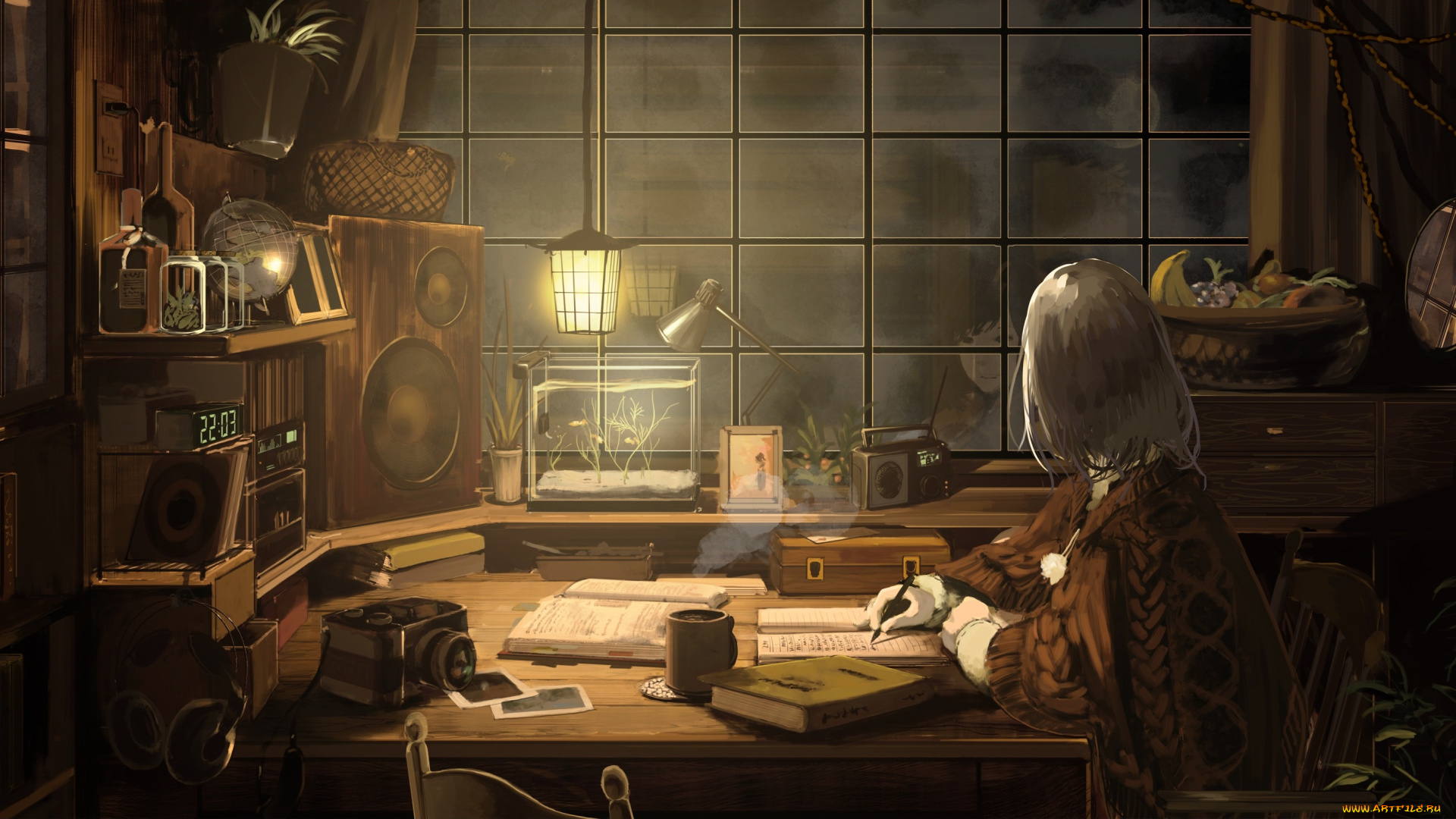 автор, , boatsea, аниме, unknown, , другое, комната, отражение, окно, стол, аквариум, рыбки, письмо, ночь, девушка, арт