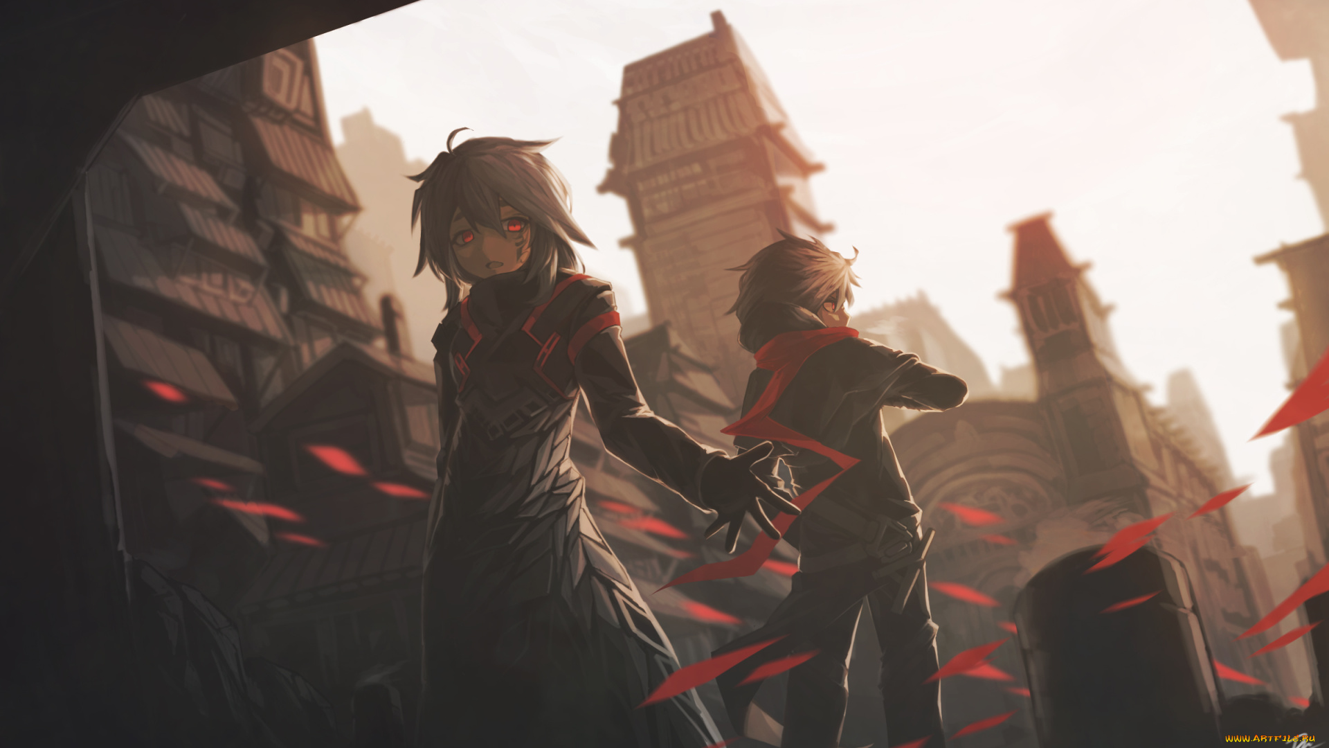 автор, , onemanmilitia, аниме, город, , улицы, , здания, арт, мальчики, горд, люди