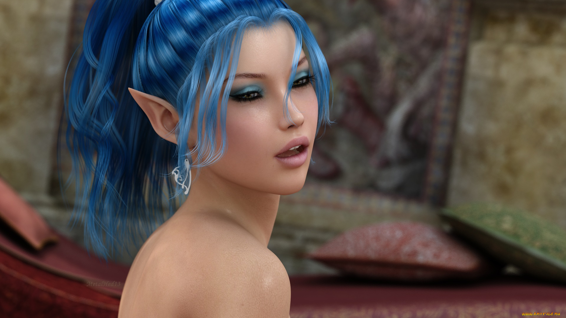 3д, графика, эльфы, , elves, эльфийка, взгляд, фон, грудь