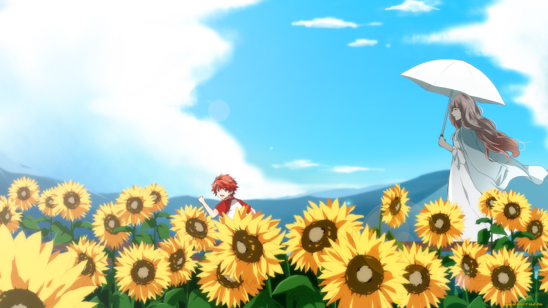 аниме, uta, no, prince-sama, девушка, подсолнухи, мальчик