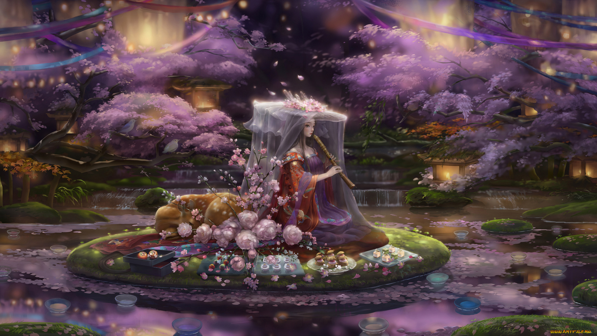 фэнтези, девушки, природа, угощения, флейта, девушка, животные