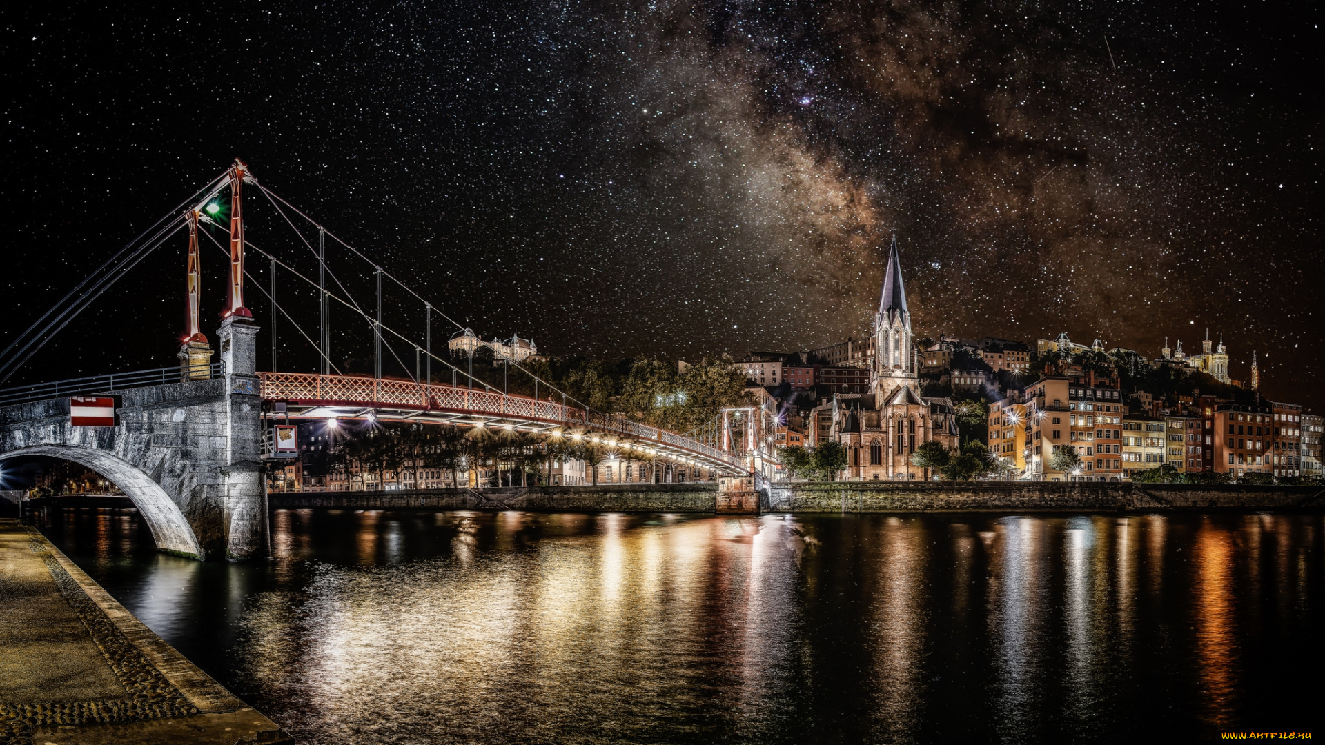 lyon, , france, города, лион, , франция, мост, река, ночь