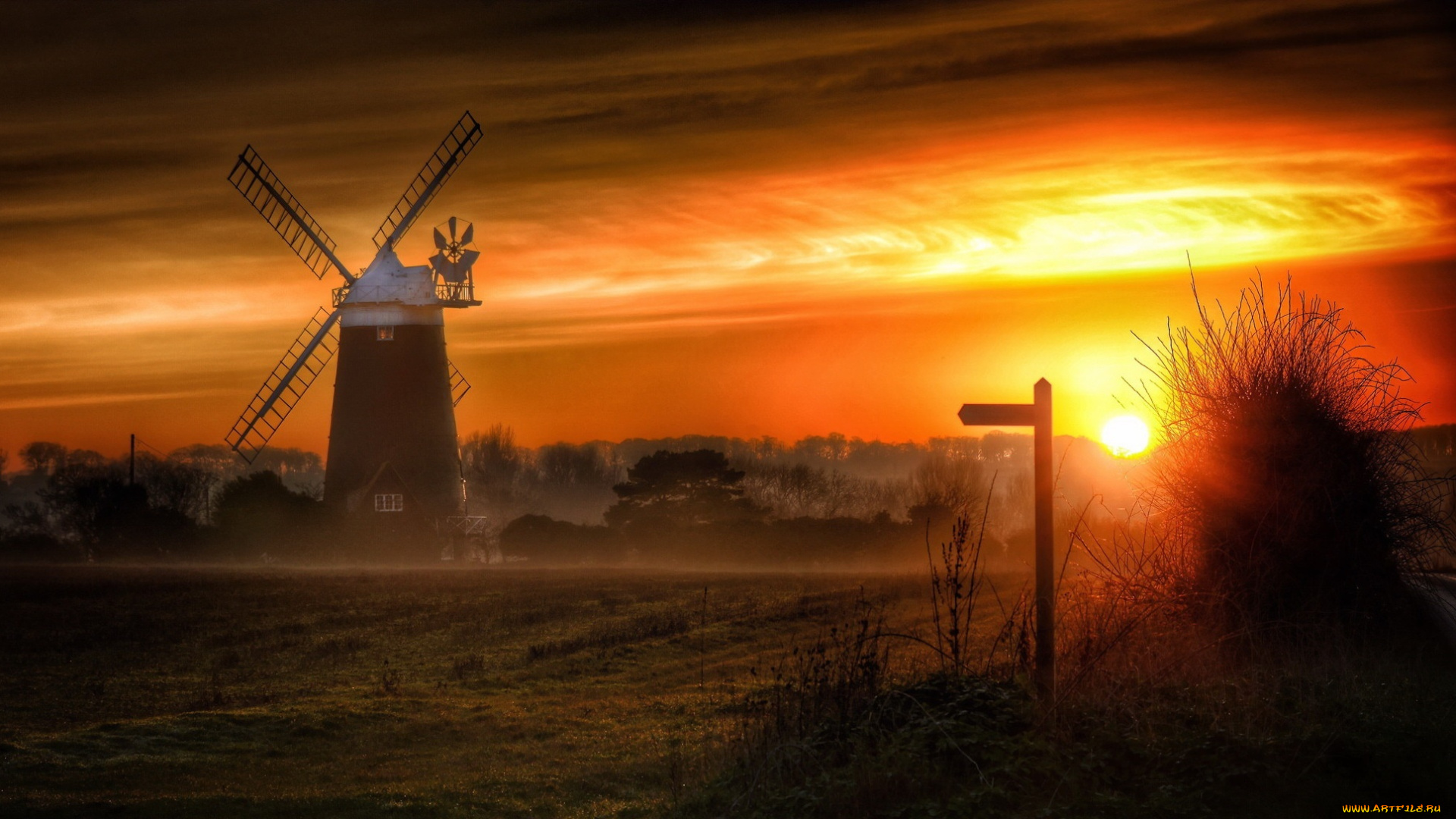 разное, мельницы, туман, ночь, мельница
